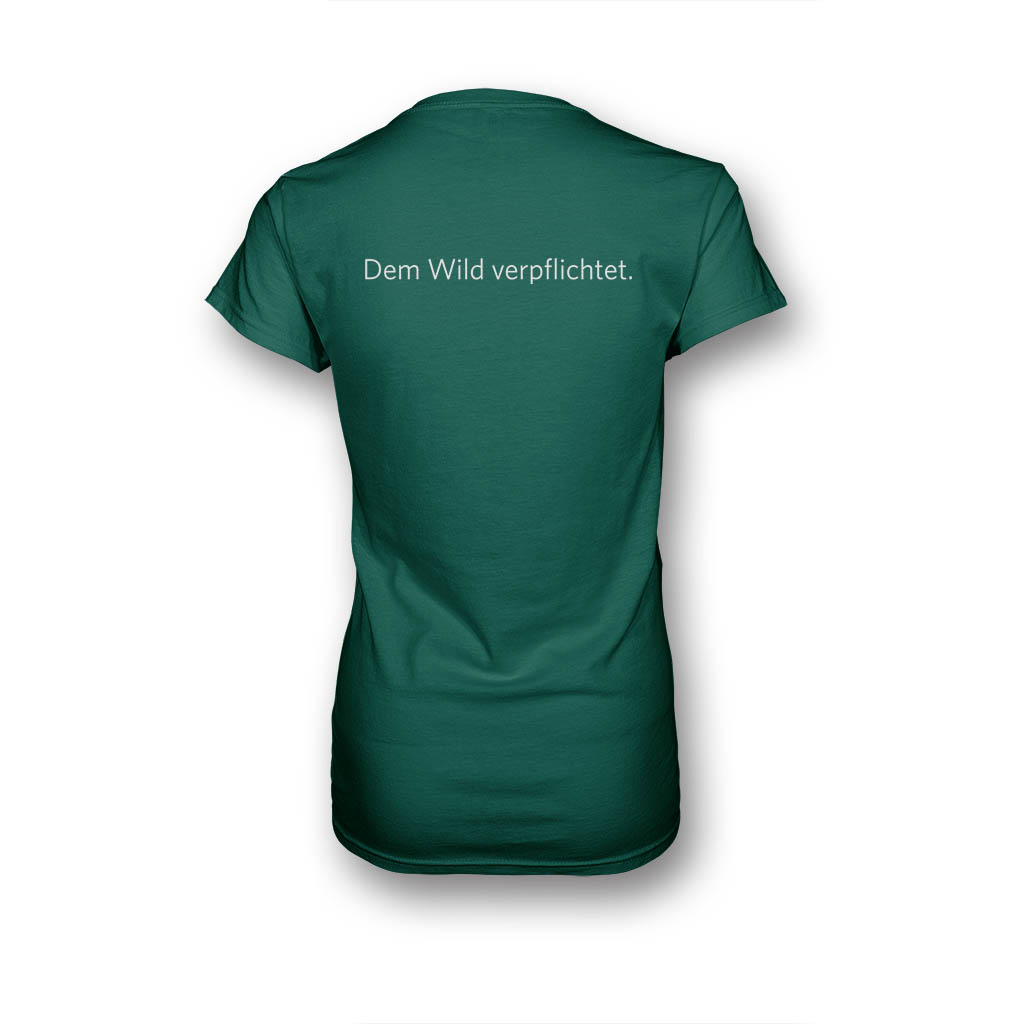 Grünes T-Shirt für Frauen in Rückansicht mit Aufdruck "Dem Wild verpflichtet"